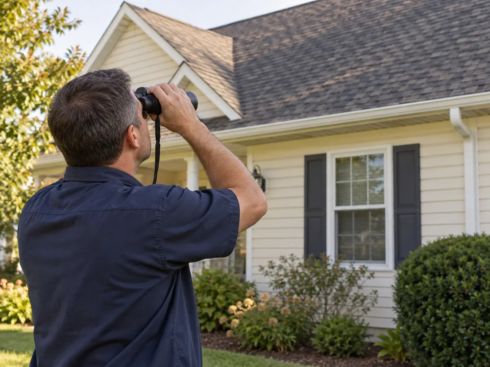 A roofing professional examining the exterior of a home