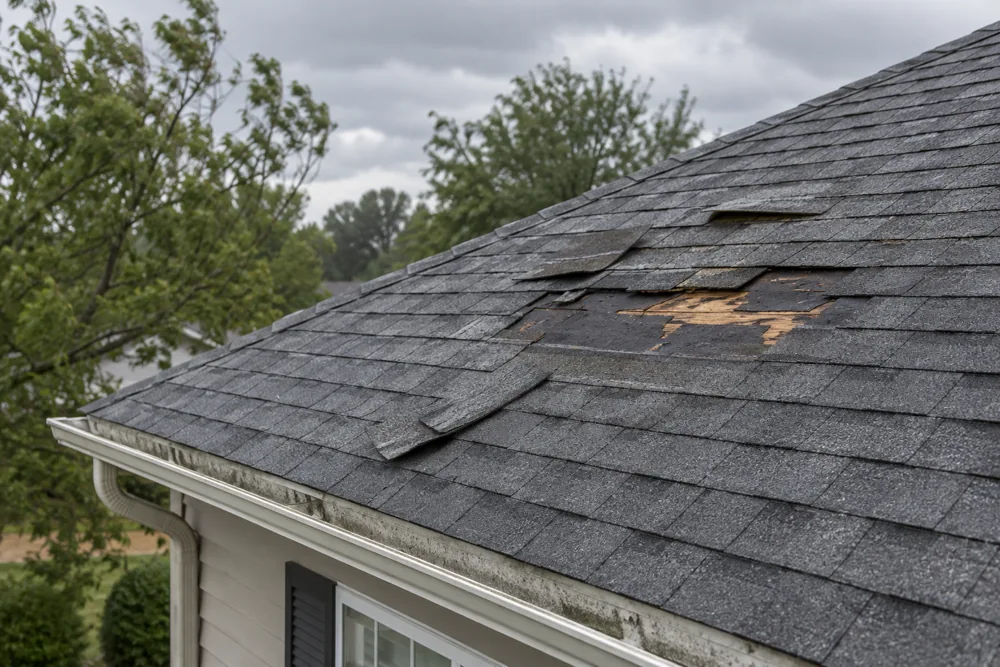 A residential roof with visible shingle damage